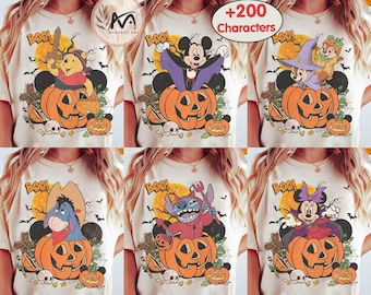 Camiseta de Halloween con calabaza de Disney personalizada para todos los personajes, Mickey y sus amigos, Stitch, Pooh, Chip Dale, camiseta de fiesta de Halloween de Mickey no tan aterradora.