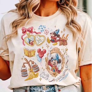 ウォルト・ディズニー ファンタジア ミッキー コケット ボウ 水彩画 シャツ、ミッキー ソーサラー Tシャツ、ファンタジア ミッキー Tシャツ、ディズニーランド ファミリー マッチング トリップ