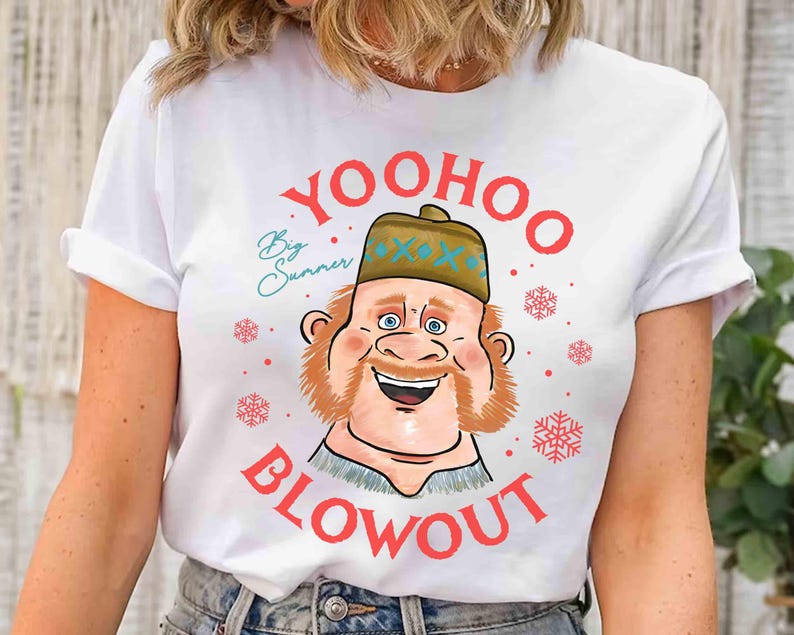 May include: White t-shirt featuring a cartoon character with a brown beard and hat. The text "Yoohoo Blowout" is in red, with "Big Summer" in teal. Red snowflakes are scattered around the design.