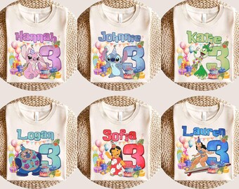 Custom Lilo & Stitch Birthday Shirt, Stitch Cars Birthday, Personalized Age And Name Shirt, Best Birthday Ever, Kids Angel Birthday Girl Tee