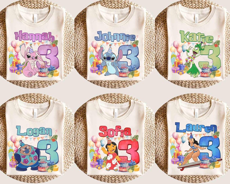 Puede incluir: Seis camisetas color crema con dise&ntilde;os coloridos de cumplea&ntilde;os. Cada camiseta presenta un nombre, el n&uacute;mero 3 y un personaje de dibujos animados. Globos, regalos y una tarta tambi&eacute;n est&aacute;n incluidos en los dise&ntilde;os.