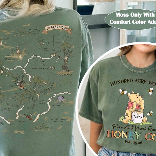 Two-sided Winnie the Pooh Honey Co. Hundred Acre Woods Map Shirt, Vintage Pooh bear and Friends Tee, WDW Disneyland Family 2024 Trip