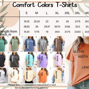 The image is a collage of various t-shirt designs, each with different colors and sleeve lengths. The collage includes images of women wearing the t-shirts, showcasing the different styles and fits available. The image also includes a table with measurements for the t-shirt sizes, providing a visual guide for selecting the right size.