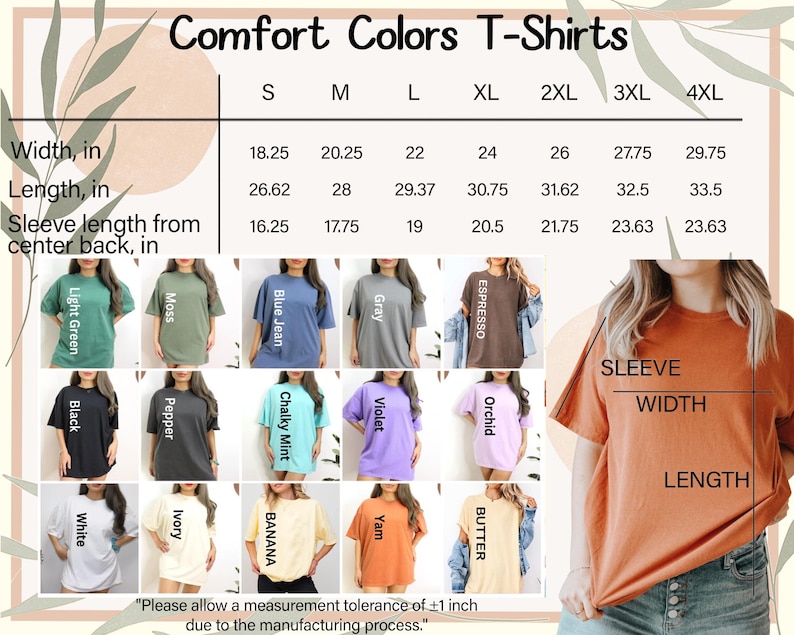 The image is a collage of various t-shirt designs, each with different colors and sleeve lengths. The collage includes images of women wearing the t-shirts, showcasing the different styles and fits available. The image also includes a table with measurements for the t-shirt sizes, providing a visual guide for selecting the right size.