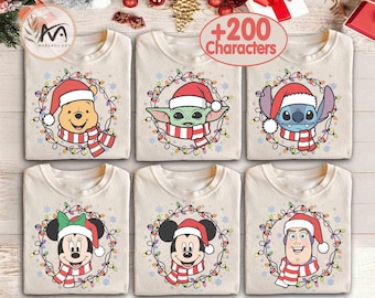 Camiseta retro personalizable con luces navideñas de Disney y todos los personajes, camiseta de Mickey para la fiesta navideña, viaje familiar a juego.