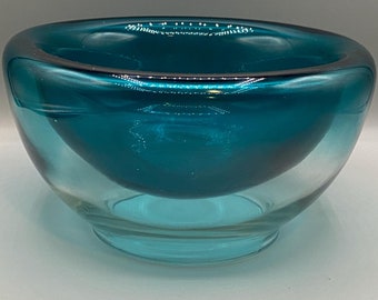 Hand Blown Teal Blue Turquoise and Clear Two Color Double Wall Glass Bowl