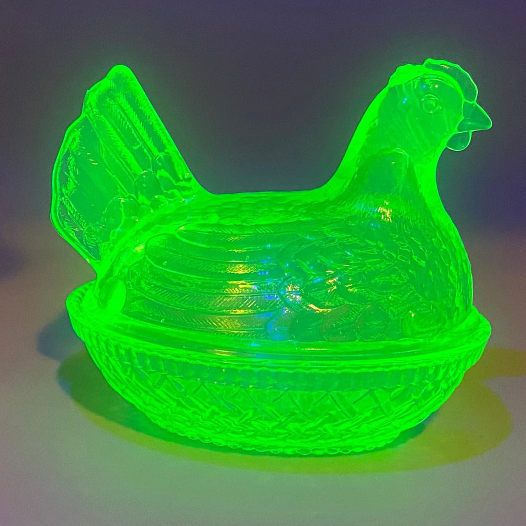Green Vaseline Uranium Glass Chicken Split Tail Hen on a Nest Dish ...