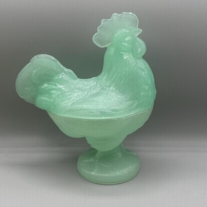 Vintage Translucent Jadeite Green Glass Standing Rooster Hen on Nest Chicken Dish