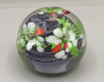 John R. Signed Multicolor Floral Confetti Swirl Center Glass Paperweight