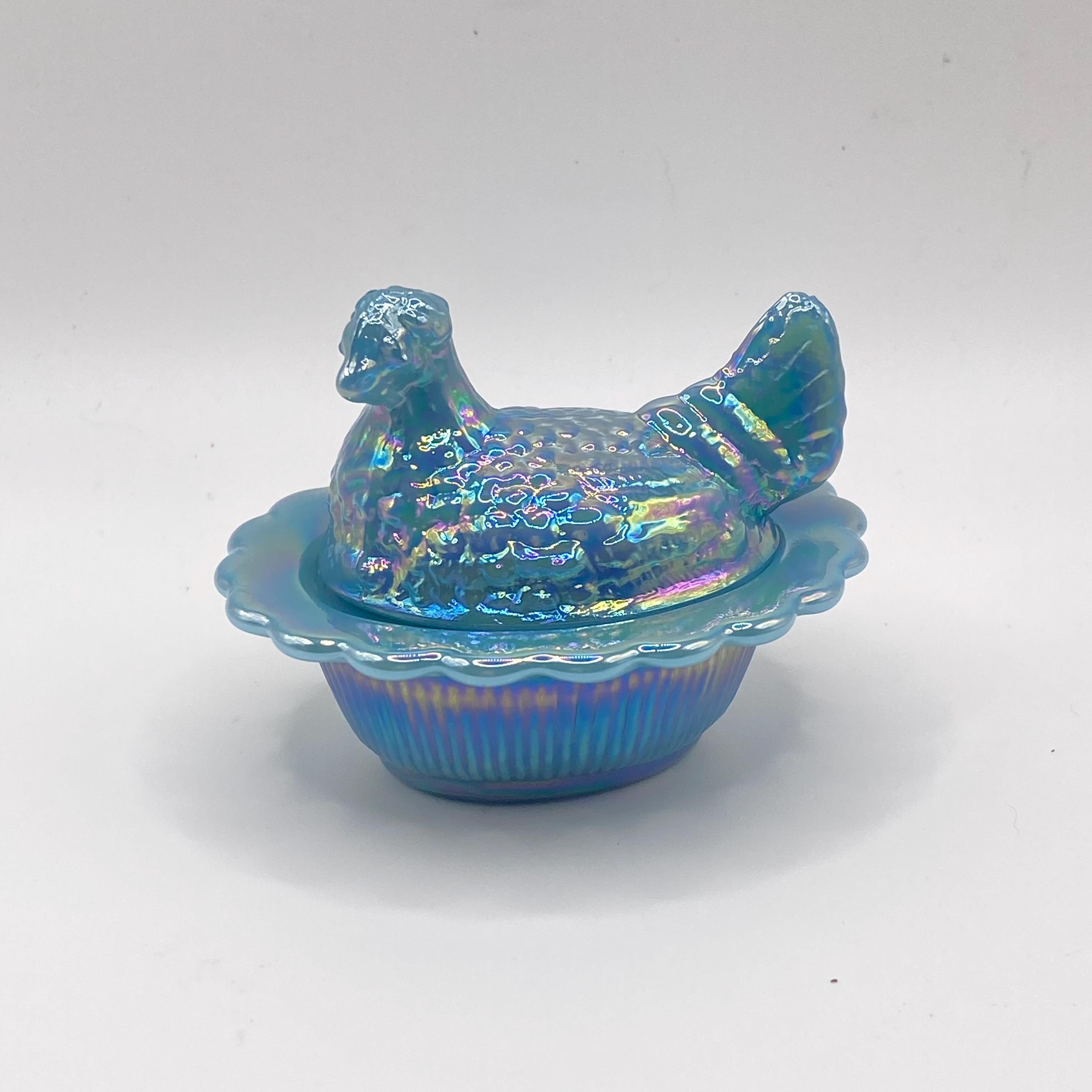 Mosser Georgia Blue Carnival Glass Miniature Chicken Hen on Nest