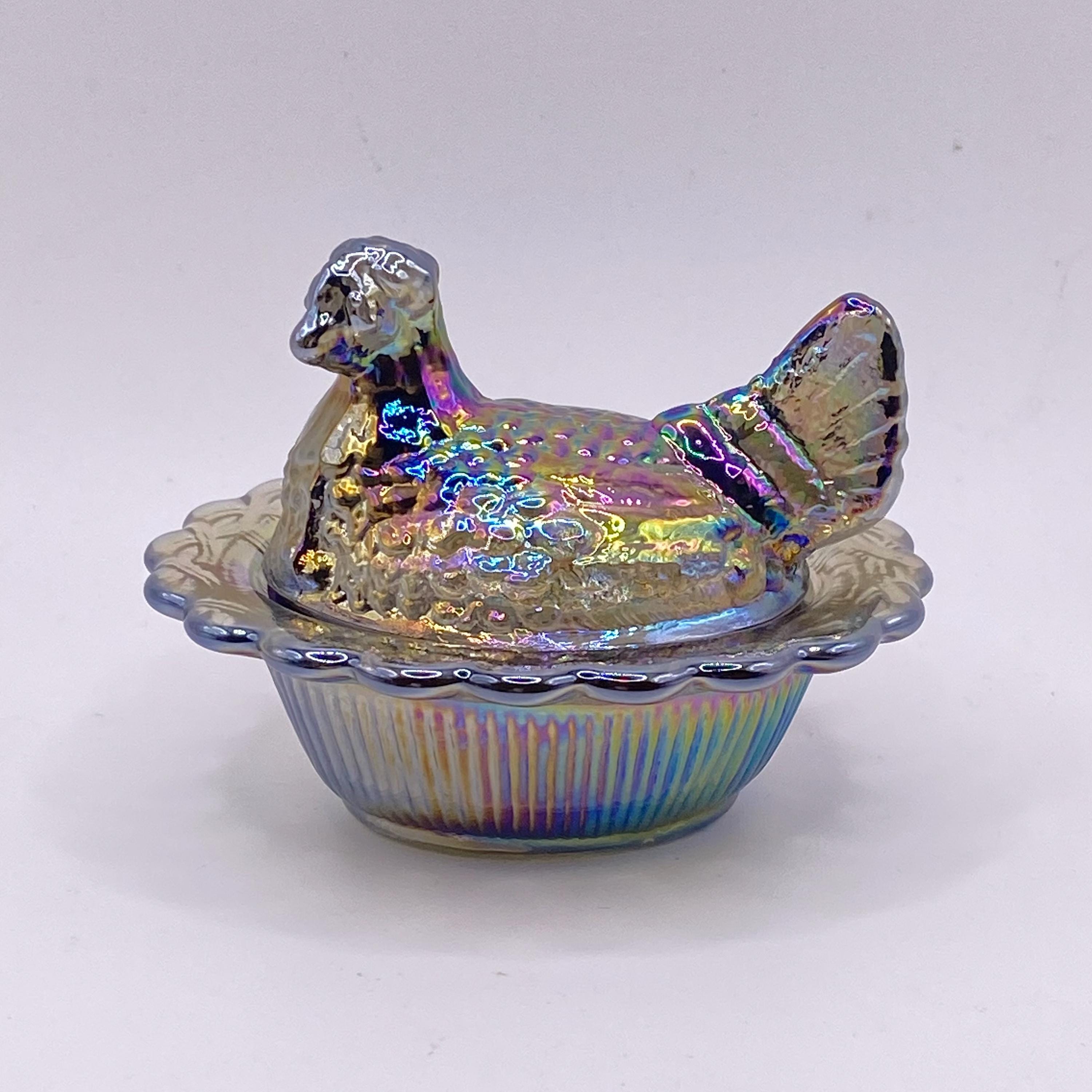 NEW Mosser Smokey Titanium Carnival Glass Miniature Hen on Nest