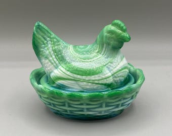 Vintage Westmoreland Green Slag Glass Hen On Nest Chicken Lidded Dish
