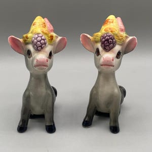 Vintage Ceramic Anthropomorphic Donkey Salt and Pepper Shakers with Fruit Hats Kitsch