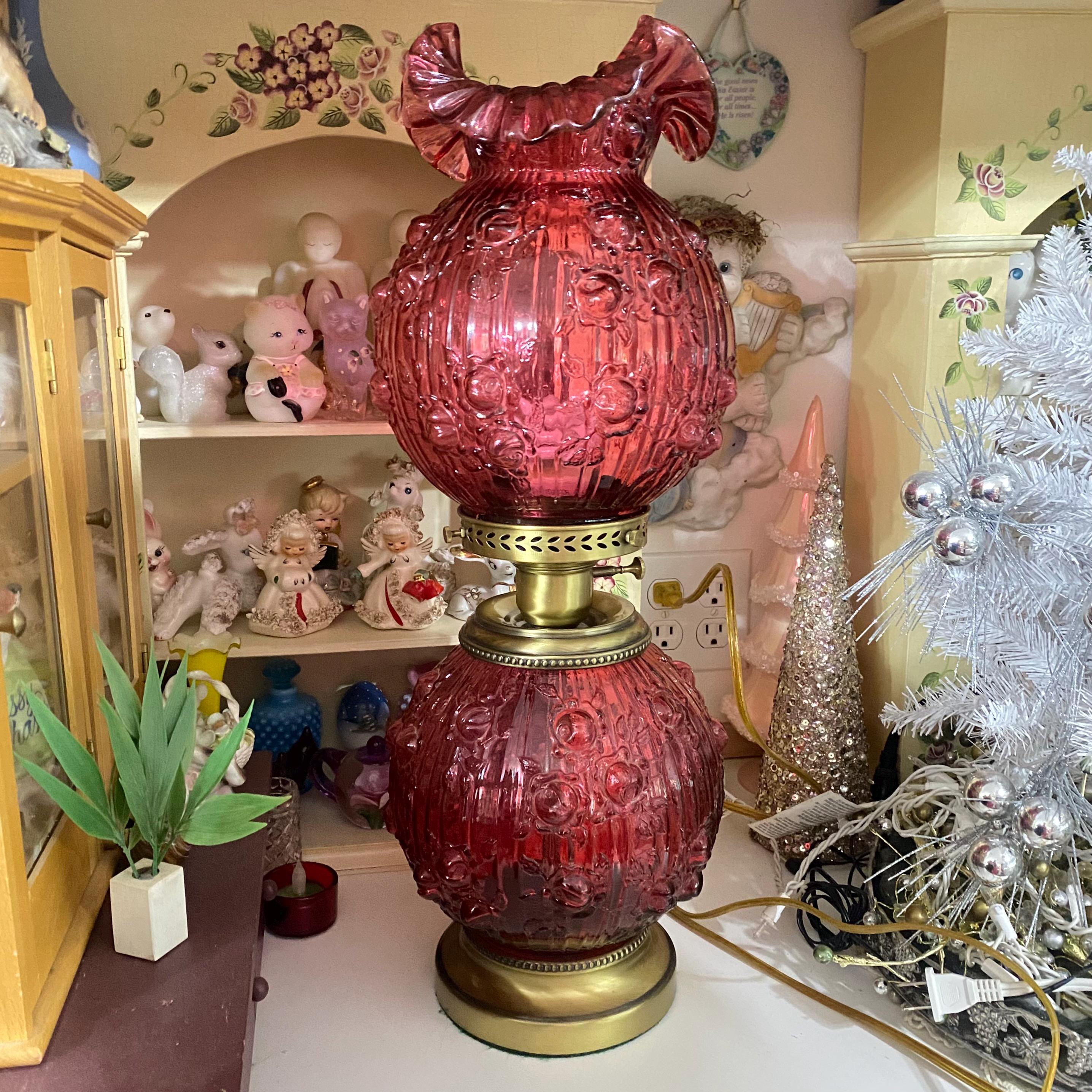 Vintage Fenton Cranberry Cabbage Rose Gone with the Wind 3 Way Lighting Hurricane Lamp 22” WORKS