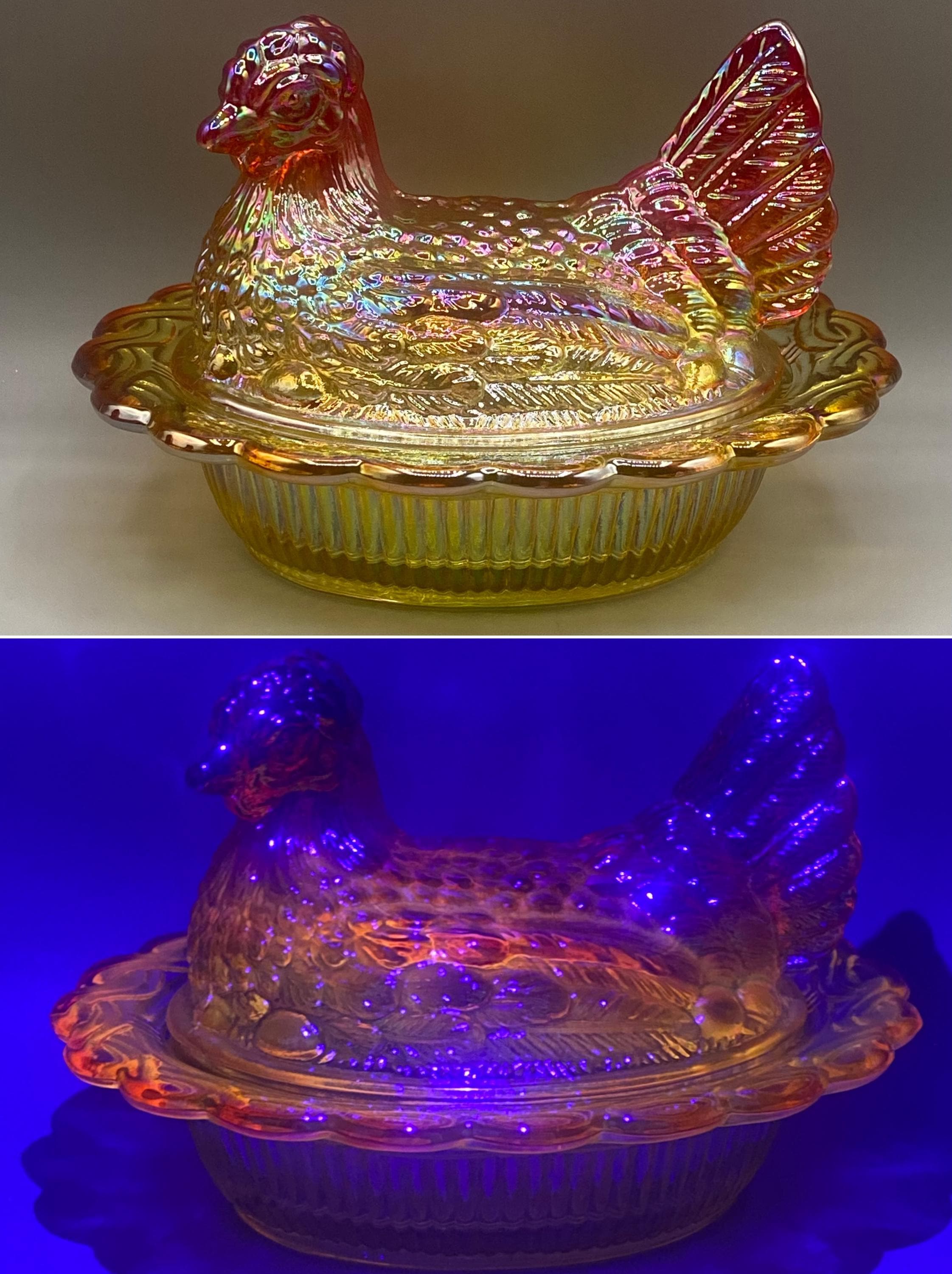 Mosser Marigold Carnival Glass Hen on Nest Chicken Covered Dish