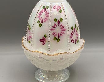 Vintage Fenton White Opal Opalescent Beaded Melon Hand Painted Glass Fairy Lamp