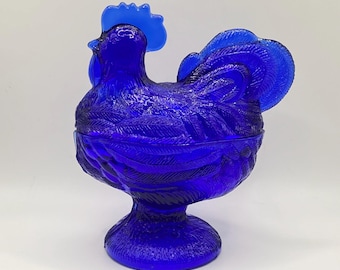 Vintage Rosso Cobalt Blue Standing Rooster Hen on Nest Chicken Dish
