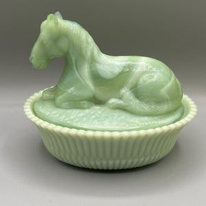 Vintage Summit ? Green Slag Glass Horse on Nest Candy Dish