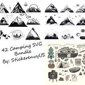Puede incluir: Una colección de ilustraciones de montañas en blanco y negro y gráficos temáticos de camping. La imagen incluye varios diseños de montañas, una caravana, equipo de camping y el texto "42 Camping SVG Bundle By: StickerenvyUS."