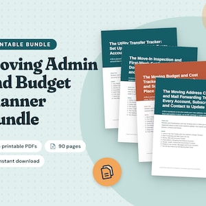 Könnte beinhalten: Ein druckbares Umzugs- und Budgetplaner-Set mit 4 PDF-Dokumenten und insgesamt 90 Seiten. Die Unterlagen enthalten Vorlagen für Versorgerwechsel, Wohnungsabnahmen, Umzugsbudgets sowie Adressänderungen und Nachsendeaufträge.