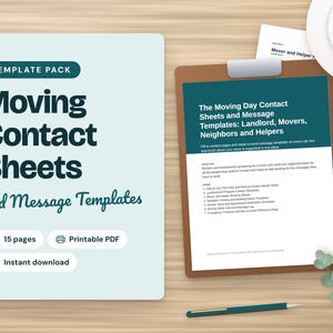 Könnte beinhalten: Ein Vorlagenpaket mit dem Titel Moving Contact Sheets and Message Templates, das 15 Seiten im druckbaren PDF-Format umfasst. Das Dokument enthält Kontaktlisten und Nachrichtenvorlagen für Vermieter, Umzugshelfer und Nachbarn.