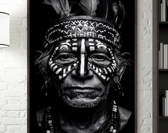 Tribal Warrior Portrait Art | Ethnic Wall Decor Cultural Boho Tribal Art | Indigenous Native Inspired Print