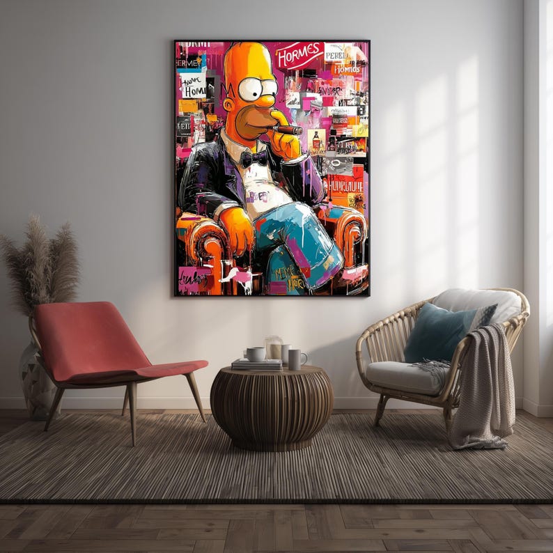 May include: A framed pop art print featuring Homer Simpson in a tuxedo, seated in a leather armchair, smoking a cigar. The background is a collage of colorful advertisements. The artwork is displayed in a modern living room setting.
