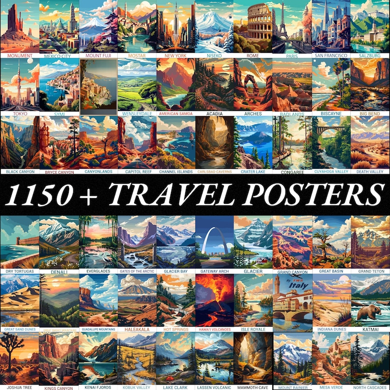 May include: A collage of 1150+ travel posters featuring scenic landscapes and landmarks from around the world. Each poster is a colorful illustration with a vintage style.