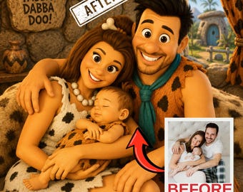 Custom Stone Age Couple Caricature from Photo, Personalized Toon Portrait, Prehistoric Cartoon Gift for Her or Family