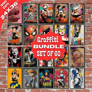 Peut inclure: Seize impressions d'art graffiti encadrées, chacune avec des designs pop art vibrants et colorés. Les impressions présentent divers personnages et styles, avec le texte "Graffiti Bundle Set of 60". Dimensions: 24 x 36 pouces.