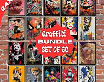 Graffiti Wall Art Printable Bundle Set of 60 | Urban Pop Art Portraits & Street Art Prints for Large 24x36 Inch Wall Decor