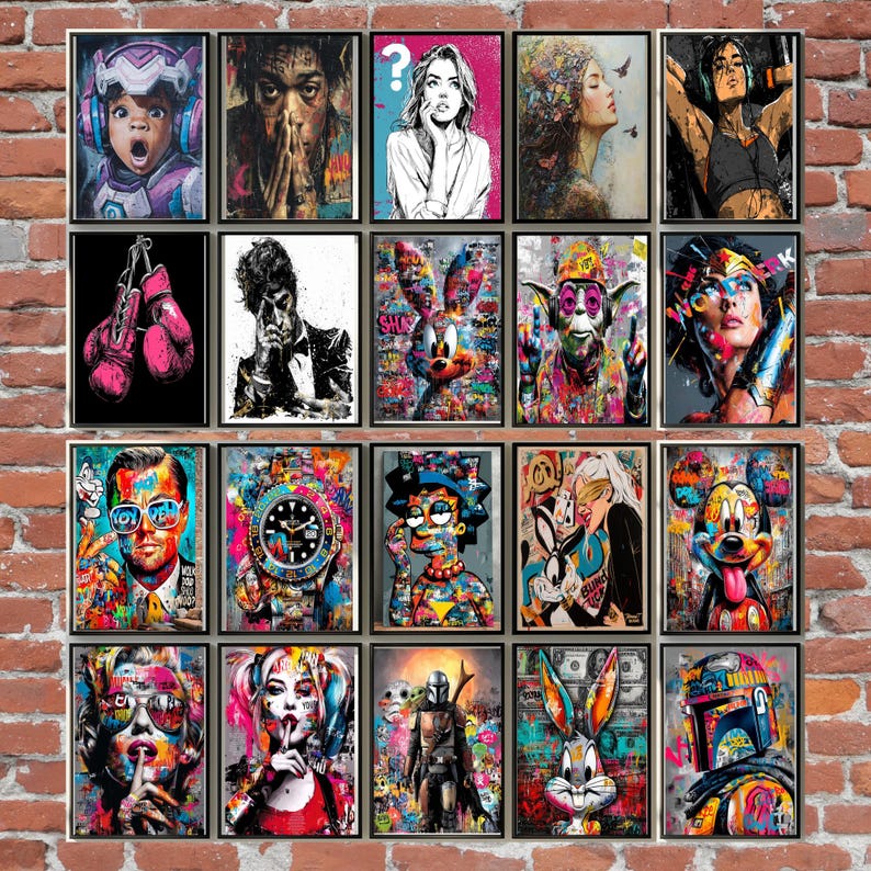 May include: A collection of framed pop art prints displayed on a brick wall. The artwork features colorful portraits of celebrities, cartoon characters, and iconic figures. The prints showcase a vibrant mix of styles and themes.
