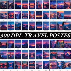 May include: A collage of 48 colorful travel posters featuring iconic landmarks and cityscapes from around the world. Each poster has a unique sunset or sunrise scene with a reflection of the landmark in the water. The text "300 DPI - TRAVEL POSTES" is at the bottom of the collage.