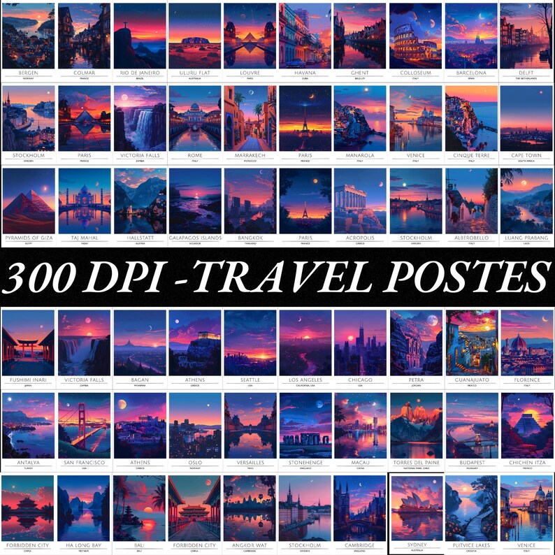 May include: A collage of 48 colorful travel posters featuring iconic landmarks and cityscapes from around the world. Each poster has a unique sunset or sunrise scene with a reflection of the landmark in the water. The text "300 DPI - TRAVEL POSTES" is at the bottom of the collage.