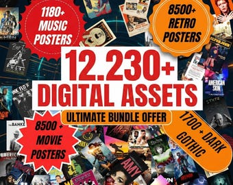 Vintage Music Posters Bundle, 12230+ Band Poster Set, Rock Concert Collage, Aesthetic Wall Decor, Album Cover Art, Retro Band Prints