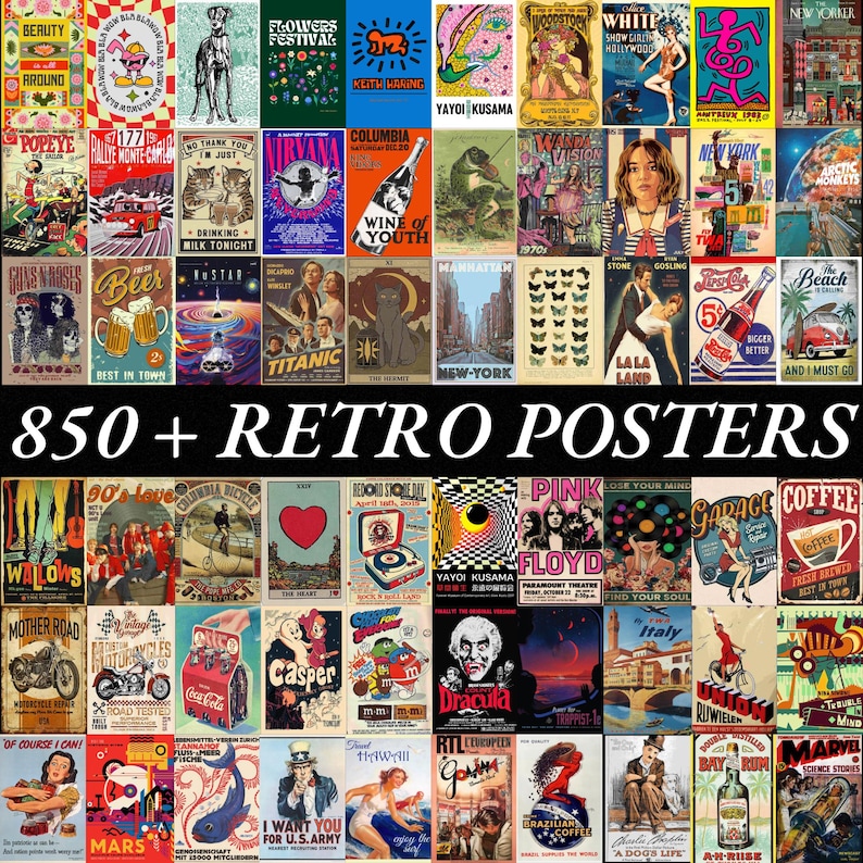Vintage Retro Poster Bundle Digital Wall Art | 850+ Aesthetic Retro Prints | Modern Wall Decor | High-Quality 300 DPI Poster Pack image 3