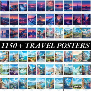May include: A collage of 36 colorful travel posters featuring iconic landmarks and scenic views from around the world. The posters are arranged in a grid pattern and include images of cities, mountains, beaches, and waterfalls. The text "1150+ TRAVEL POSTERS" is displayed in large, bold letters at the bottom of the collage.