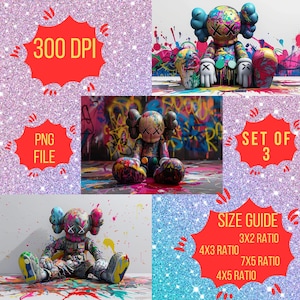 Juego de 3 pósteres de Graffiti Kaws, descarga digital, arte mural Hypebeast, impresión de figuras modernas, decoración minimalista