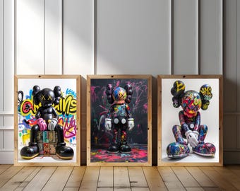 Lot de 3 affiches numériques de décoration murale art jouet urbain | Impressions de personnages graffiti modernes pour la maison, le bureau, le studio, téléchargement numérique hypebeast