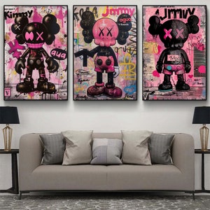Juego de 3 pósteres de figuras de Pink Kaws / Decoración de pared de arte moderno / Impresiones descargables