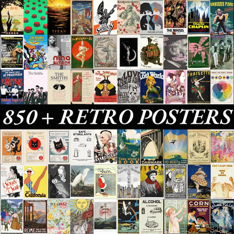 Vintage Retro Poster Bundle Digital Wall Art | 850+ Aesthetic Retro Prints | Modern Wall Decor | High-Quality 300 DPI Poster Pack image 1