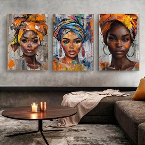 Afrikanische Frau Porträt Wand Kunst 3er-Set, moderne ethnische Pop Art Drucke, lebendige digital, Stammes- Mode-Dekor, druckbare Wanddekoration Bild 1