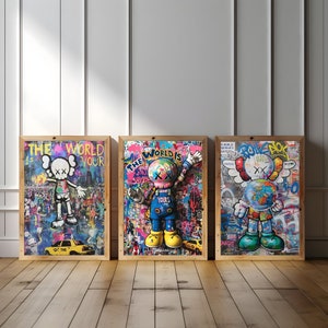 kaws download Graffiti Wall Art Set of 3 | Hypebeast Figure Poster Print | Modern Street Decor Download