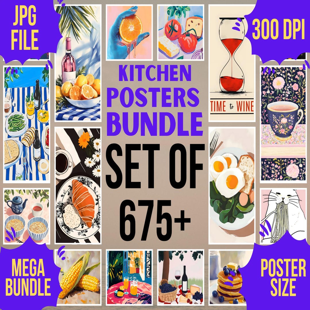 100 kitchen prints set, kitchen wall art, kitchen art,... Kitsch Aesthetic Kitchen Prints Set, Colorful Food Posters, Retro Wall ...