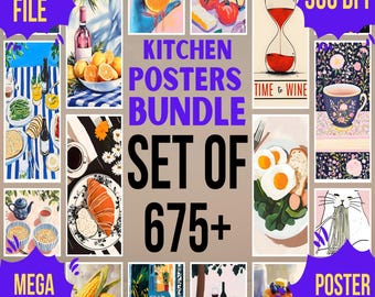 May include: A collage of colorful illustrations featuring kitchen-themed images, including food, drinks, and household items. The text "Kitchen Posters Bundle Set of 675+ 300 DPI Poster Size" is displayed in the center of the image.