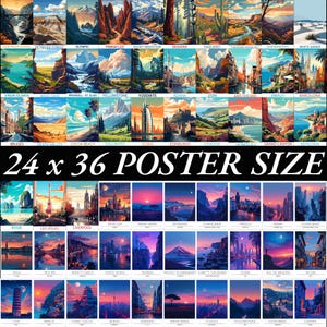 May include: A collage of 60 colorful travel posters featuring iconic landmarks and landscapes from around the world. Each poster has a unique design with a retro aesthetic and includes the name of the location in white text. The posters are arranged in a grid pattern and are all the same size. The text "24 x 36 POSTER SIZE" is printed in large, bold letters across the bottom of the collage.