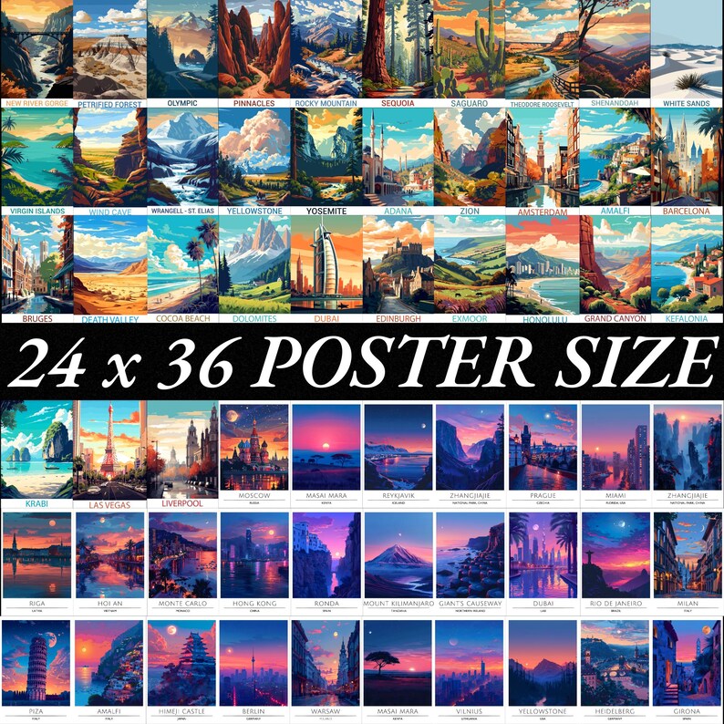 May include: A collage of 60 colorful travel posters featuring iconic landmarks and landscapes from around the world. Each poster has a unique design with a retro aesthetic and includes the name of the location in white text. The posters are arranged in a grid pattern and are all the same size. The text "24 x 36 POSTER SIZE" is printed in large, bold letters across the bottom of the collage.