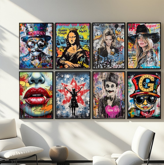 Graffiti wall Pop Art Prints Set of 8, Modern Street Art Collection  digital download