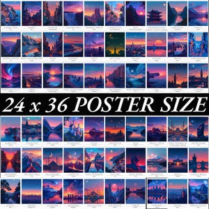 May include: A collage of 48 colorful illustrations of famous landmarks and cities around the world. Each illustration is set against a vibrant sunset sky with a unique color palette. The text "24 x 36 POSTER SIZE" is displayed in bold white letters at the bottom of the collage.