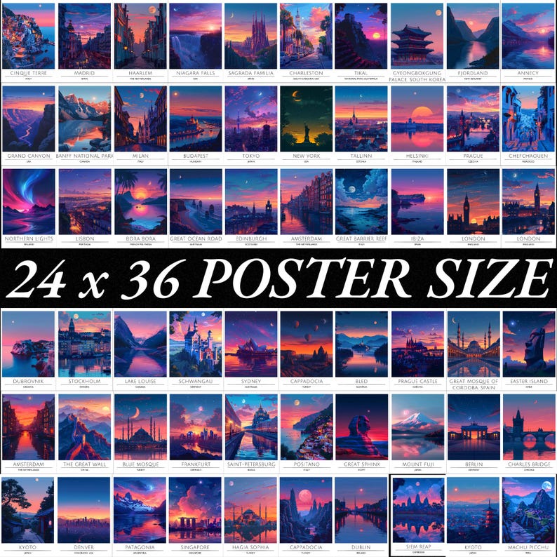 May include: A collage of 48 colorful illustrations of famous landmarks and cities around the world. Each illustration is set against a vibrant sunset sky with a unique color palette. The text "24 x 36 POSTER SIZE" is displayed in bold white letters at the bottom of the collage.